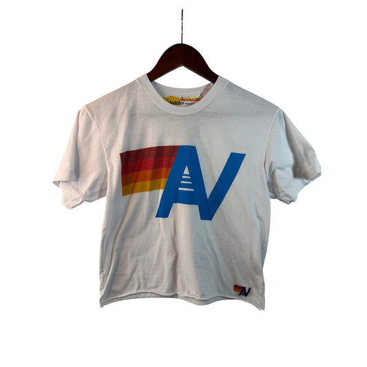 Aviator Nation White Retro Logo Crop Tee Size Small Raw Hem 70s Style California